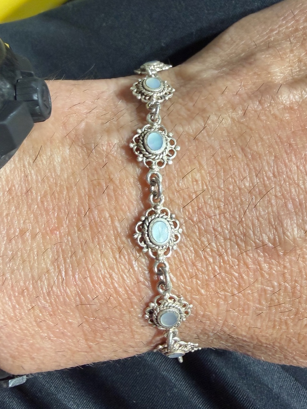 Vintage 925 Sterling Silver Moonstone Floral Filigree Link Bracelet 7”